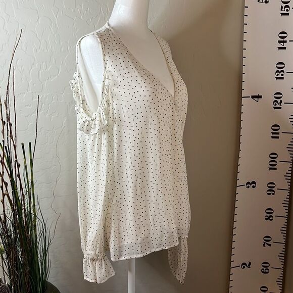 red Haute Black polkadot wrap front blouse with cold shoulder. Long sleeves. - Picture 7 of 13